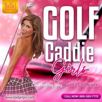 Young Golf Caddy Girl in pink corset and miniskirt posing with golf iron and ball on a golf course.