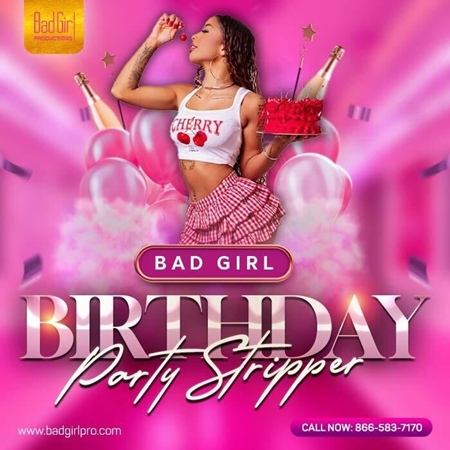 Sexy birthday party stripper holding a cake.