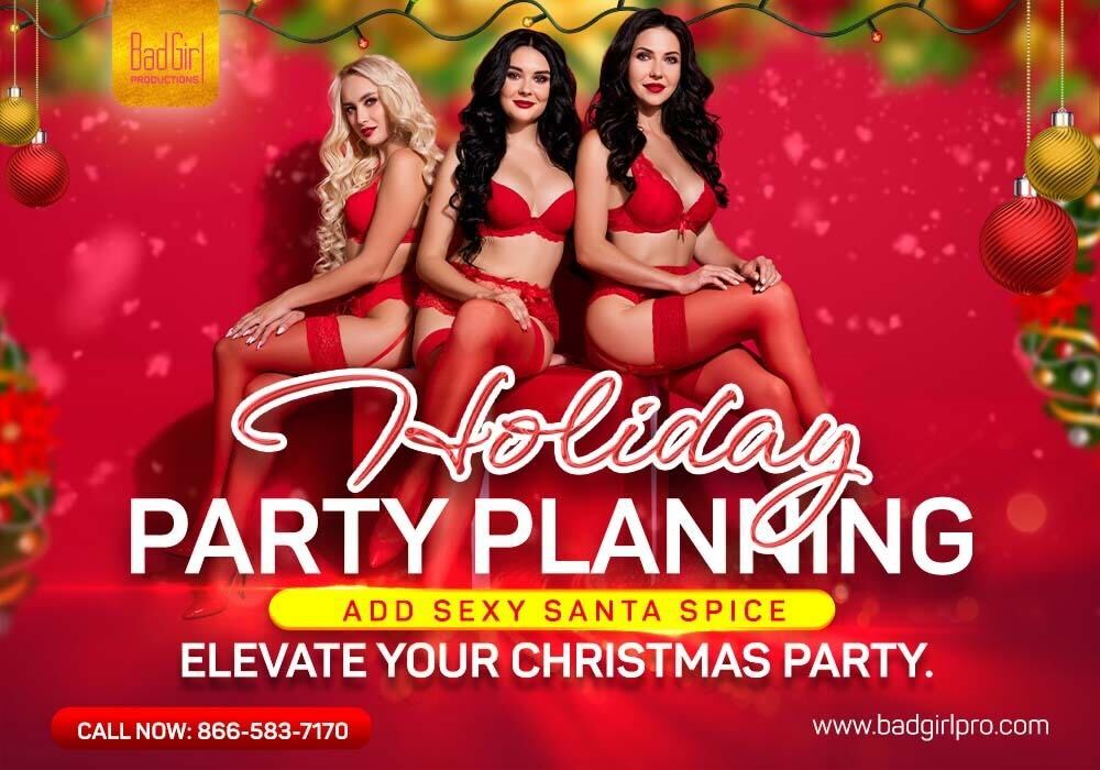 Group of young women in Sexy Santa-themed lingerie, posing with a red background.