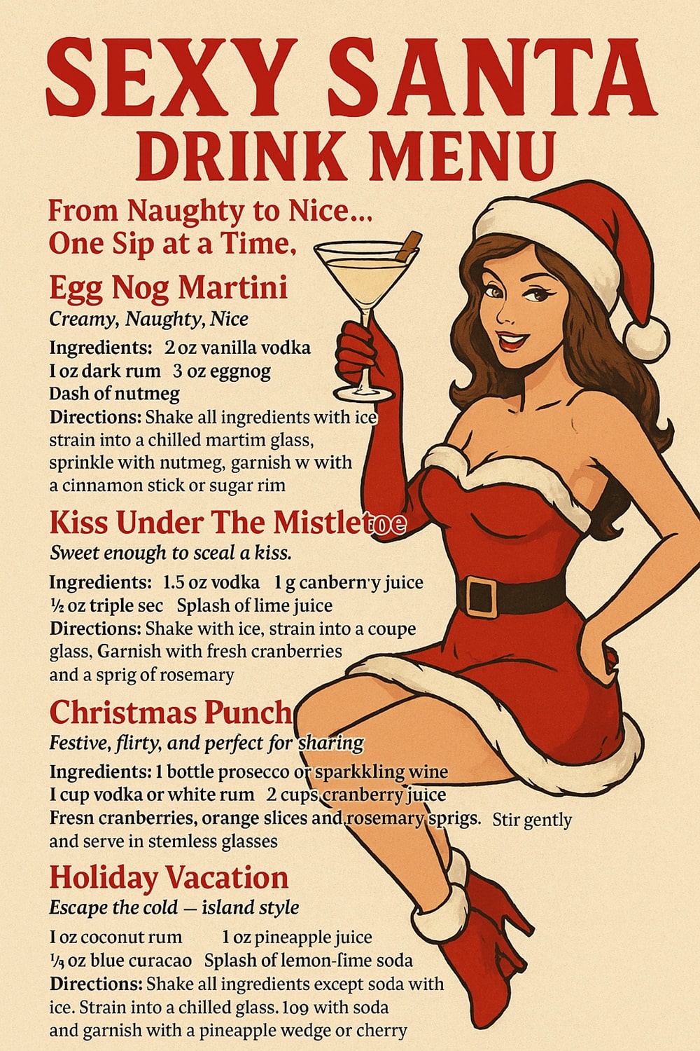 Sexy Santa Bartender drinks menu.